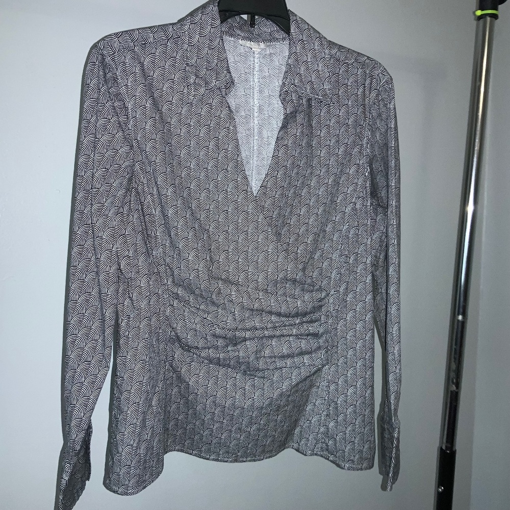 Talbots Surplice Faux Wrap Top Blouse sz 12P Swirl pattern long sleeve